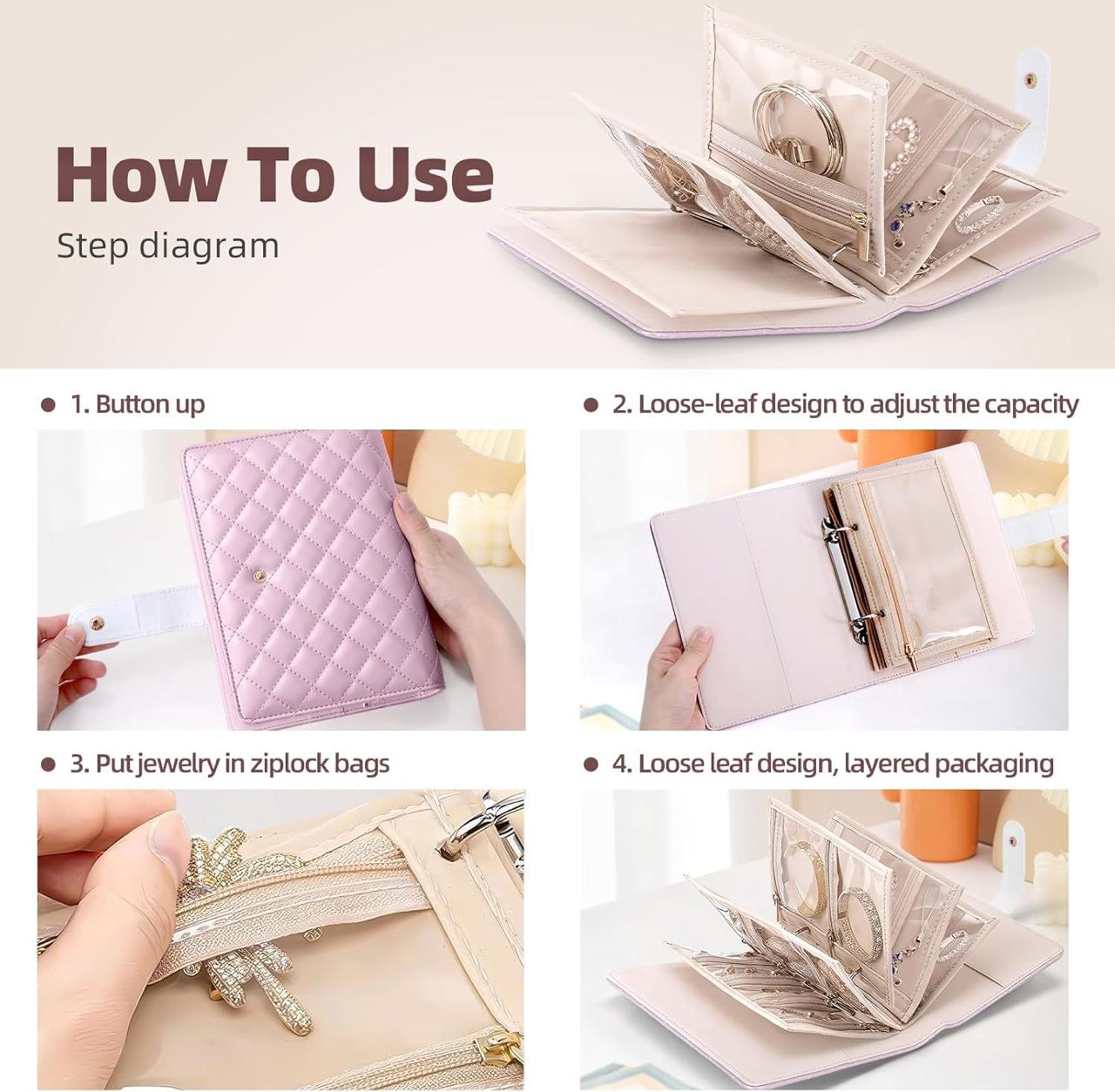 Travel Jewelry Organizer Binder - Tangle-Free Storage Book with Clear Pouches & Divided Compartments - Portable Jewelry Case for Women, Pink