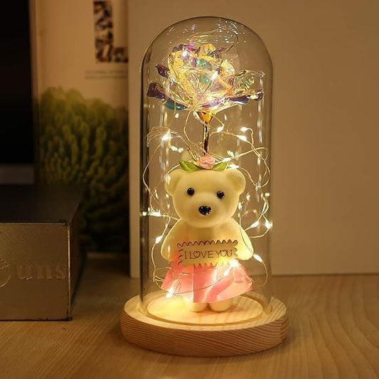Rose with Teddy Bear & LED Light in Glass Dome – Romantic Anniversary Gift for Wife & Girlfriend | Birthday & Mother’s Day Special
