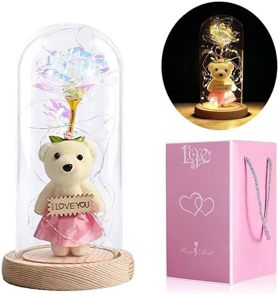 Rose with Teddy Bear & LED Light in Glass Dome – Romantic Anniversary Gift for Wife & Girlfriend | Birthday & Mother’s Day Special