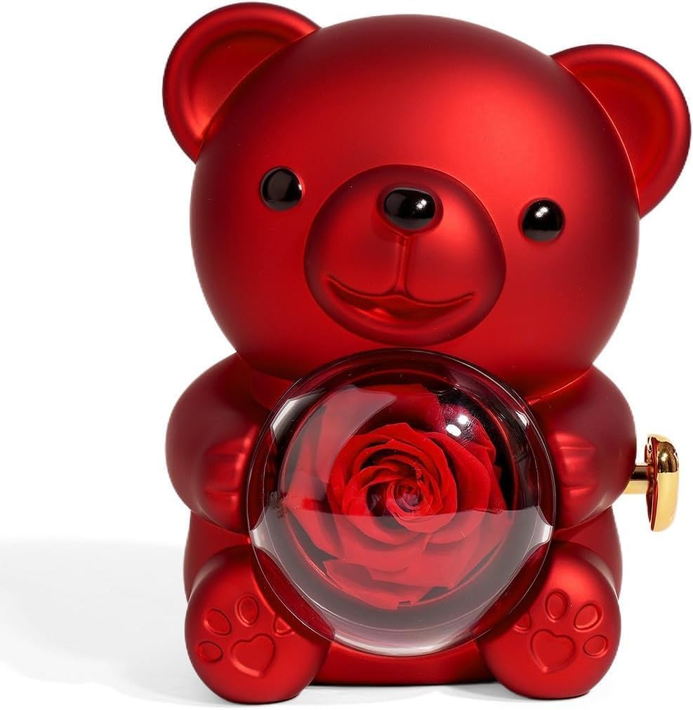 Red Teddy Bear Ring Box with 360° Rotating  – Romantic Gift for Valentine, Anniversary & Birthday