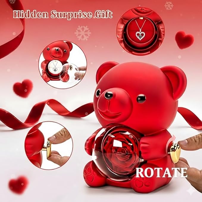 Red Teddy Bear Ring Box with 360° Rotating  – Romantic Gift for Valentine, Anniversary & Birthday