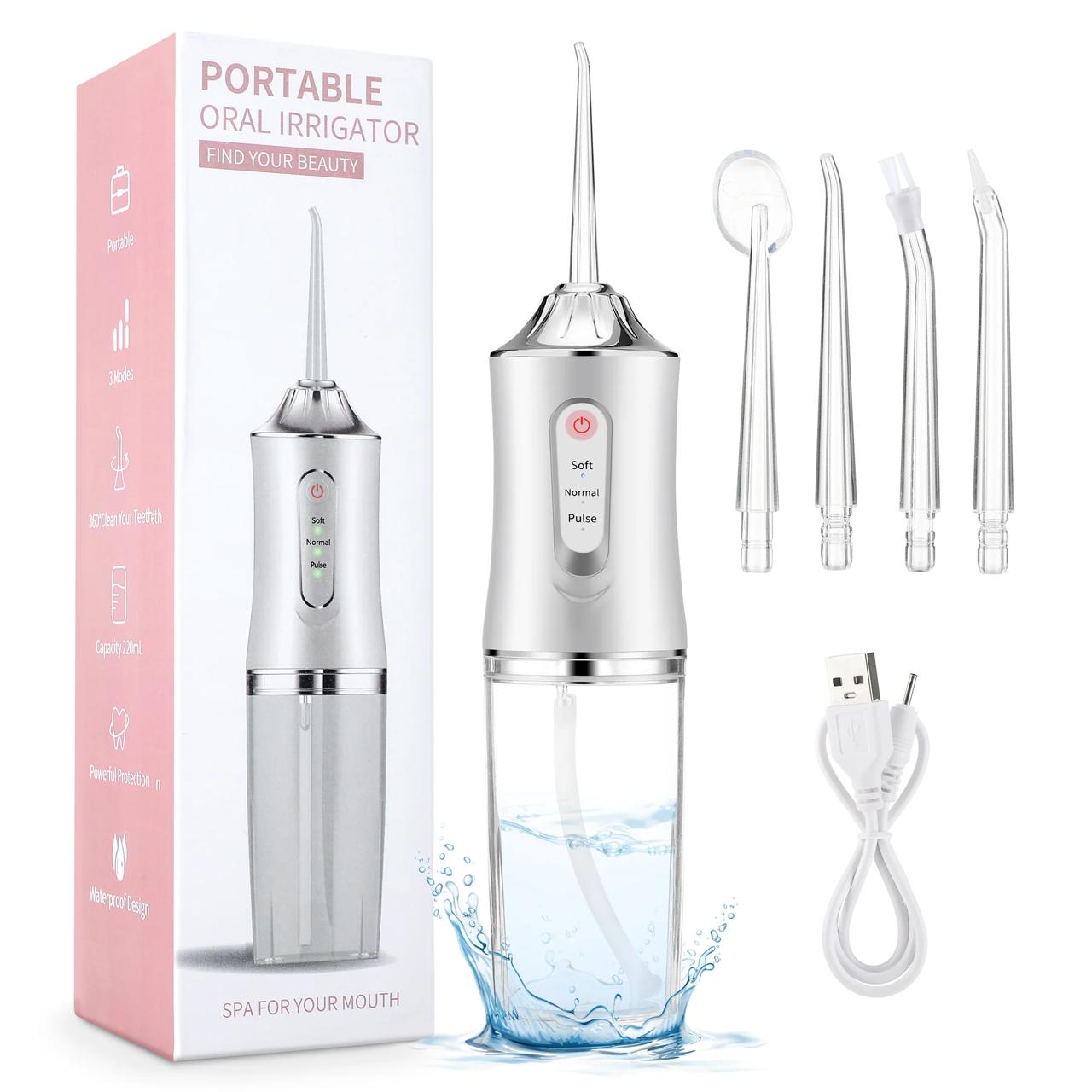 Cordless Oral Irrigator – 3 Cleaning Modes | 4 Jet Tips | IPX7 Waterproof | Rechargeable Teeth Cleaner