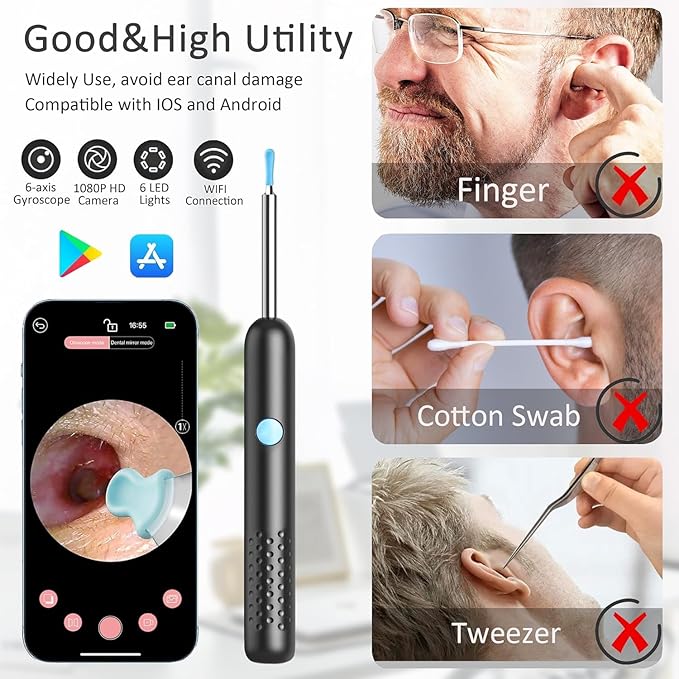 Visible Wireless Ear Cleaner - 1296P HD Ear Camera Kit with 6 LED Lights for iPhone & Android