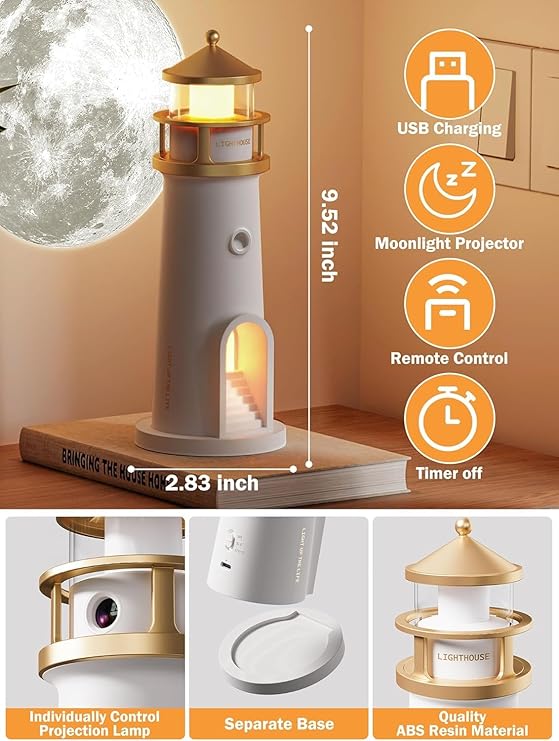 Night Light, Moon Lamp Projector, Lighthouse Decor, Moon Light Galaxy Projector Rechargeable LED Aesthetic Table Lamp Christmas Birthday Gifts for Kids Boys Girl