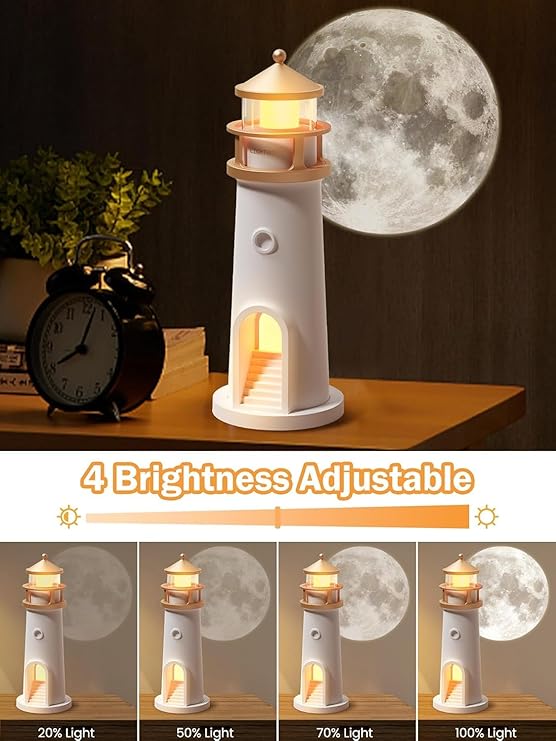 Night Light, Moon Lamp Projector, Lighthouse Decor, Moon Light Galaxy Projector Rechargeable LED Aesthetic Table Lamp Christmas Birthday Gifts for Kids Boys Girl