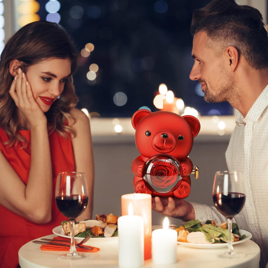 Red Teddy Bear Ring Box with 360° Rotating – Romantic Gift for Valentine, Anniversary & Birthday