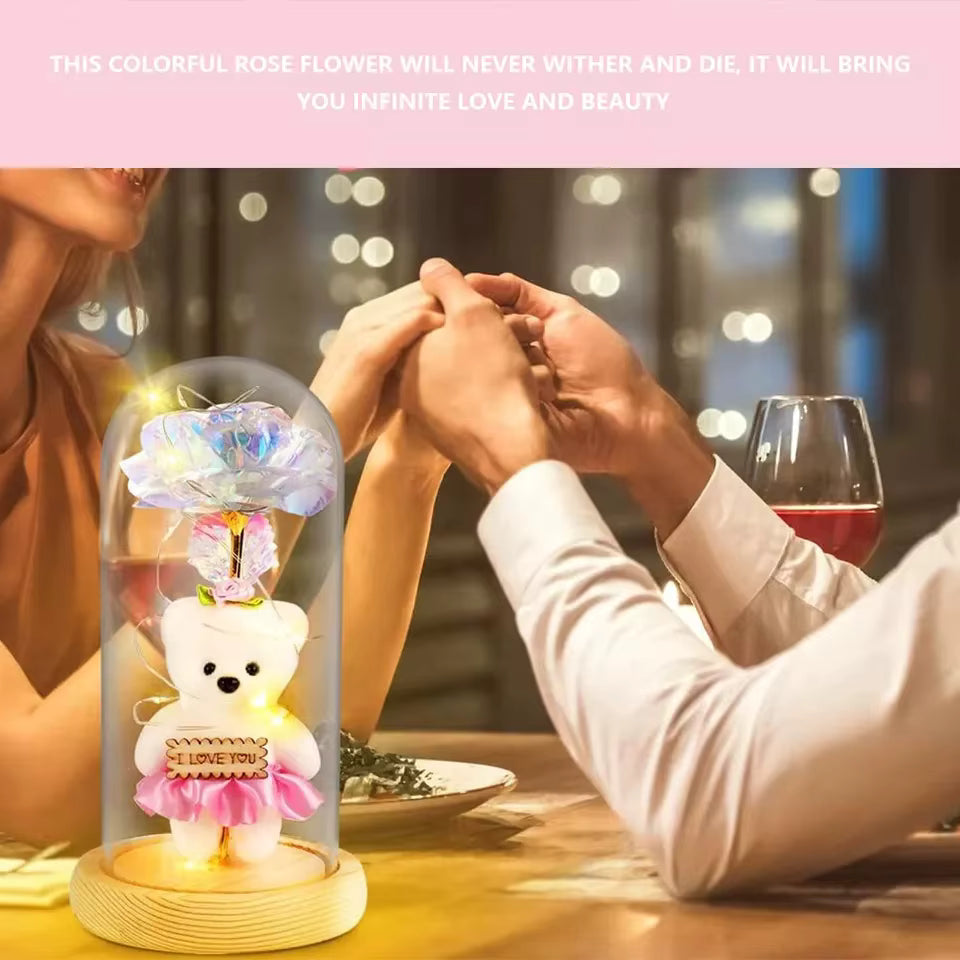 Rose with Teddy Bear & LED Light in Glass Dome – Romantic Anniversary Gift for Wife & Girlfriend | Birthday & Mother’s Day Special