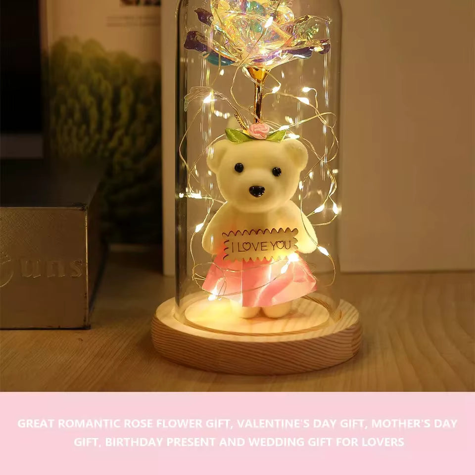 Rose with Teddy Bear & LED Light in Glass Dome – Romantic Anniversary Gift for Wife & Girlfriend | Birthday & Mother’s Day Special