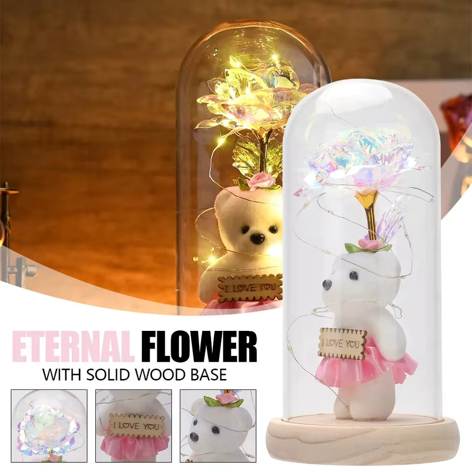 Rose with Teddy Bear & LED Light in Glass Dome – Romantic Anniversary Gift for Wife & Girlfriend | Birthday & Mother’s Day Special