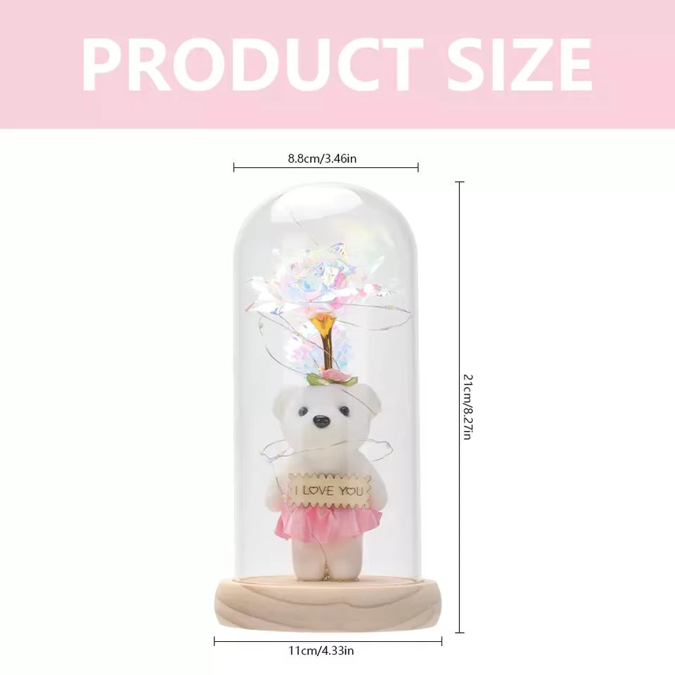 Rose with Teddy Bear & LED Light in Glass Dome – Romantic Anniversary Gift for Wife & Girlfriend | Birthday & Mother’s Day Special