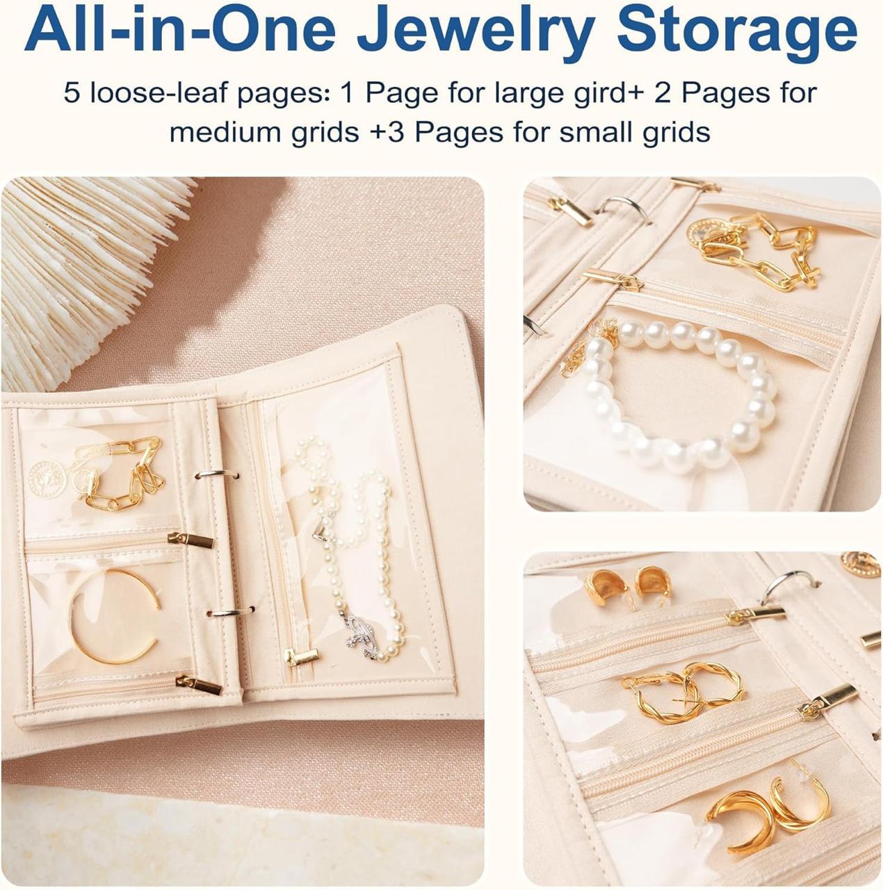 Pink travel jewelry organizer book with clear pouches and tangle-free dividers.