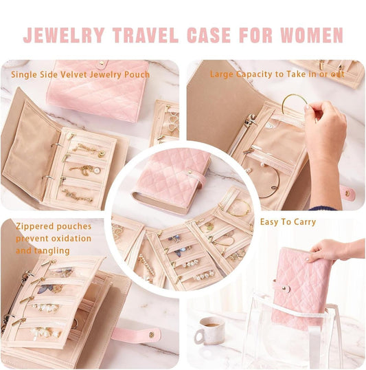 Travel Jewelry Organizer Binder - Tangle-Free Storage Book with Clear Pouches & Divided Compartments - Portable Jewelry Case for Women, Pink