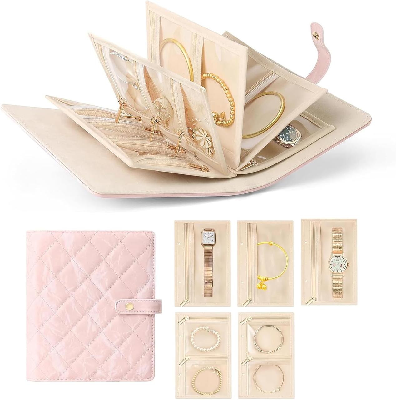 Travel Jewelry Organizer Binder - Tangle-Free Storage Book with Clear Pouches & Divided Compartments - Portable Jewelry Case for Women, Pink